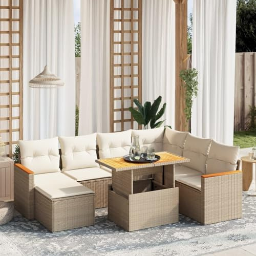 QJBSAVVA 8-Teiliges Gartenmöbel Lounge Set Beige 100x55x73 cm mit Anhebbarer Tischplatte aus Poly Rattan Modernes Design für Terrasse Balkon und kleine Freiflächen