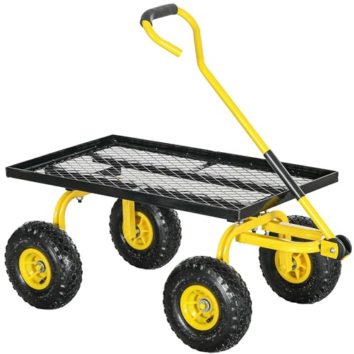 Outsunny Carrello da Giardino Robusto da Spiaggia, Ruote 24 cm, Nero/Giallo | Rimorchio in Acciaio con Maniglia Rivestita, Ruote Grandi da 24cm, per Spiaggia, Prato e Giardino