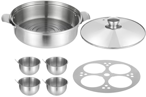 Machine à petit-déjeuner électrique pratique en métal pour 4 tasses d'œufs en acier inoxydable avec couvercle en verre double couche pour cuisinière ou induction