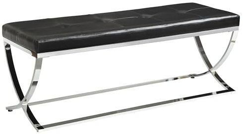 Coaster Home Furnishings - Walton - Leatherette Upholstered Tufted Accent Bench with Contemporary Style, Chrome Legs and Padded Seat - Living Room & Bedroom - Black - 501156