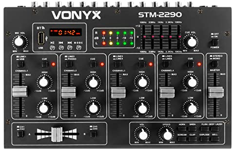 Vonyx STM2290 Table de Mixage DJ 8 Canaux, Entrée USB, Bluetooth, 8 Effets sons Individuels, Equalizer 5 Bandes, Entrée Micro et Sortie Casque, Écran LCD