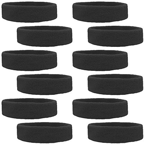 Kenz Laurenz 12 Sweatbands Cotton Sports Headbands - Soft and Stretchy 2 Terry Cloth Moisture Wicking Solid Color Athletic Headband (Available in Lots of Pack Quantities) (Black 12 Pack)