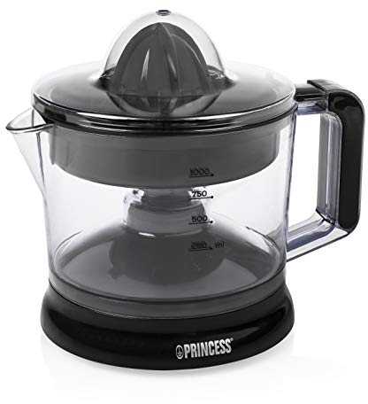 Princess 201004 Exprimidor eléctrico de cítricos · 25W · Capacidad de 1 L, Almacenamiento de cable, 2 conos de diferente tamaño incluidos, Control de pulpa ajustable, Negro