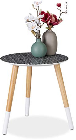 Relaxdays Beistelltisch rund, dekoratives Muster, Holztisch niedrig, Dreibein Tisch, HxD 40,5x40cm, schwarz/weiß/Natur
