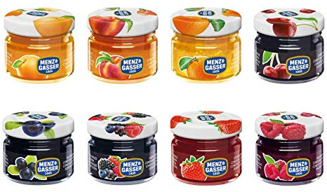 Menz & Gasser - Mermeladas Individuales Surtidas de 8 Sabores, 40 Tarros de Vidrio de 28 gr. Cada. Producto Tradicional Italiano