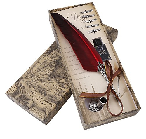 Wakects Quill Feather Quill Pen Set, Handmade Dip Pen English Calligraphy Feather Writing with 5 Replacement Nibs, Nice (Red)
