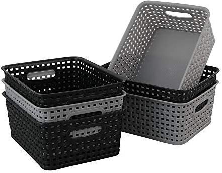 Mayish Plastic Weave Basket, Plastic Woven Cupboard Storage Baskets, Black and Grey, 6 Packs