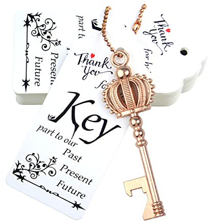 Aokbean 52 pcs Crown Key Bottle Opener with Tag and Keychain,Vintage Skeleton Key Bottle Opener for Wedding Party Favors (Rose Gold)