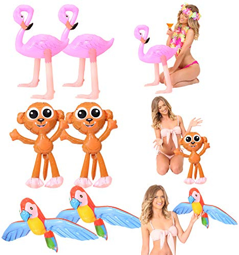 Aufblasbares Tier-Set – 2 x aufblasbare Papageien, 2 x aufblasbare Affe und 2 x aufblasbare Flamingos – Sommer-Party, Kostüm-Dekoration, tropische hawaiianische Party-Requisite.