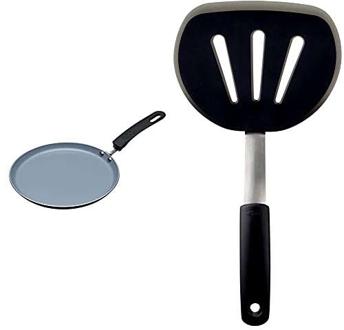 MasterClass MCCPCER24 Eco Induction Crepe / Pancake Pan with Healthier Chemical Non Stick, Aluminium / Iron, Black / Blue, 24 cm & OXO Good Grips Silicone Flexible Pancake Turner