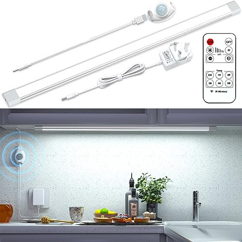LED Motion Sensor Cabinet Lights, 60CM Dimmable Under Cupboard Kitchen Lights with Remote Control,66 LED Timer Closet Lighting for Wardrobe,Stairs,Hallway, White 6000K