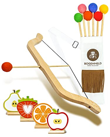 BOGENHELD® Arco e freccia per bambini | Set di tiro con l'arco con 6 frecce, 1 tasca freccia e 4 dischi bersagli di frutta, giocattolo in legno per bambini dai 3 anni in su
