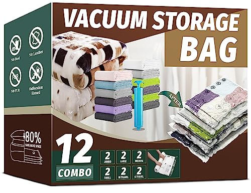 Vacuum Storage Bags, Space Saver Bags, Vacuum Sealer Bags for Comforters and Blankets, Compression Storage Bags for Clothes Storage, Hand Pump Included (12 Combo)