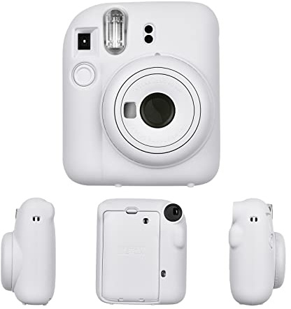 HIYQIN Soft Silicone Protective Case Compatible with Fujifilm Mini 12 Instant Camera, Mini 12 Case Silicone Cover Carry Case with Adjustable Shoulder Strap - White