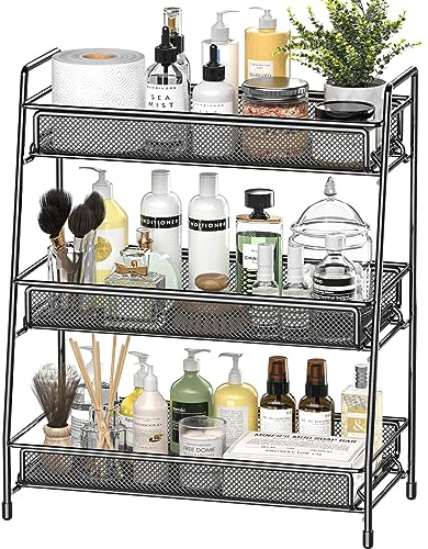 EKNITEY Bathroom Countertop Organiser Shelf 3 Tier Counter Spice Rack Black | Metal construction, easy assembly, sturdy shelf design, perfume cosmetics storage, space saving, easy clean, mesh design