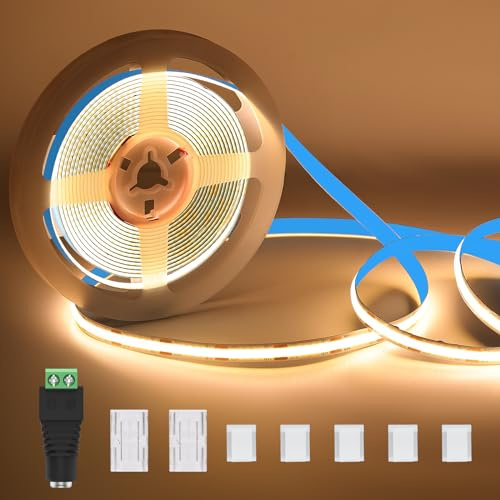 KWODE COB LED Streifen 3000K warmweiß, 5M 320LEDs/M Dimmbar COB LED Strip, 12V DC Flexibel Lichtleiste CRI 90+ für Wohnzimmer Schlafzimmer Küche DIY Dekoration （Ohne Strom und Fernbedienung）