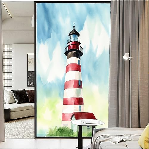 Aquarell-Leuchtturm-Fensterfolie, frischer Stil, Strandhaus, Sichtschutz, Fensterfolie, Glastürabdeckung, nicht klebende Fensteraufkleber für Badezimmer, Küche, 27,6 x 39,4 l