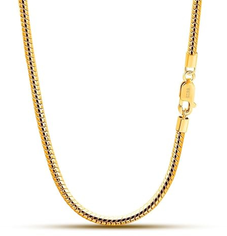 Dankadi Collier en Forme Serpent 3MM 4MM de Largeur en 925 Argent Sterling, 16”-30” Chaîne Serpentine Maille Ronde Or 41-76CM Cadeau Bijoux Fête Anniversaire pour Homme Femme (20, 4MM Doré)
