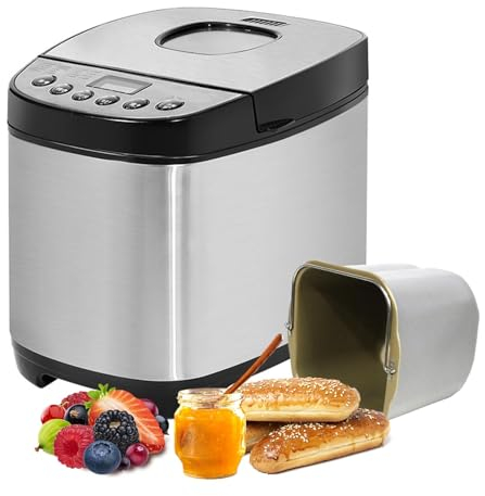Brödmaskin, multifunktionell horisontell brödmaskin i rostfritt stål 1-2Lb automatisk bakmaskin med 12 recept digitalt bröd och 3 brödstorlekar för bröd, sylt, yoghurt, tårta