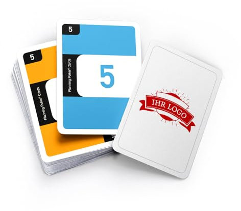 MEINSPIEL – Personalisierbares Planning Poker Set – Gestalten Sie Ihr Kartenset mit Logo oder Firmenbild– Perfekt für Projektmanagement mit Deutscher Anleitung - 55 Karten inkl. Etui (63x88 mm)