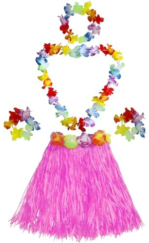hawaiianisches Hula-Rock-Kostüm-Set, Hawaiian Gras Hula Rock Sets, 30cm Lange Hawaiianischer Grasrock mit Halskette Armbänder Haarblume Grasröcke für Cheerleading Strand Party Ostern
