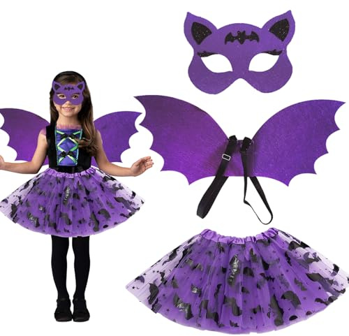 Giugio Halloween fladdermus kostym barn, lila halloween mask set flicka med vingar tutu fladdermusklänning, fladdermus häxor djävul barnkostym för karneval temafest halloween cosplay fest