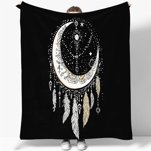 Kuscheldecke Flauschig Decke 150 x 200 cm Wohndecke Couchdecke Mikrofaser Sofaüberwurf Tagesdecke weiche warme Sofadecke mit Einfacher Böhmischer Mond Motiv Schwarz