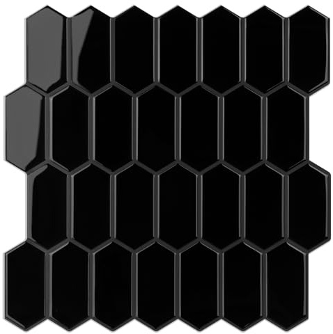 WalDecoo Lange Sechseckige Fliesen für Küche, Dickere Wandfliesen, zum Abziehen und Aufkleben, 10 Blatt, Selbstklebende 3D-Wandfliesen, Schwarz, 30,5 x 30,5 cm, Fliesenaufkleber für Badezimmer
