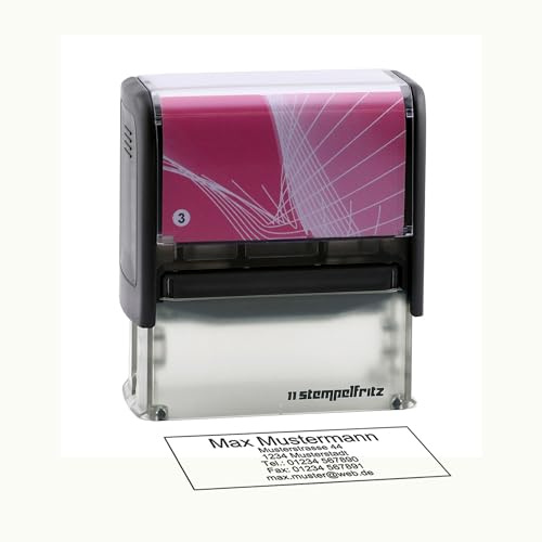 Personalisierter Stempel stempelfritz Gr.3 direkt hier Erstellen – selbstfärbender Firmenstempel, Adressstempel, Namensstempel oder Lehrerstempel – Gehäuse Schwarz-Rosa, 58x22mm, max. 6 Zeilen