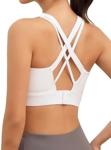 LAJERIN Sports Bras for Women, High Impact Push Up Cross Back Padded Strappy Workout Running Sports Yoga Bras for Gym Top Women Full Coverage Support White-M