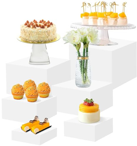 Emwel Buffet Risers-6 dimensions（3in+4in+5in+6in+7in+8in White Acrylic Food Risers, Dessert Table Display Set for Buffet Table, Acrylic Display Stands for Catering Dessert Jewelry Figures Show