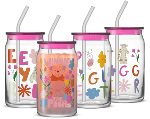 JoyJolt Disney Winnie Puuh & Friends Flower Power Glasbecher mit Deckel und Strohhalmen, 473 ml, Glasbecher mit Deckel und Strohhalmen, Dosenförmige Trinkgläser, 4 Stück, Disney-Geschenke für