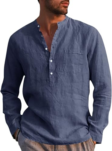 Runcati Chemise en lin à manches longues pour homme en coton lin pour homme Chemise décontractée pour homme Coupe droite Chemise d’été pour homme pour la plage, bleu foncé, XL