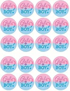 20 x Pre-Cut Icing Girl Or Boy Gender Reveal Round Edible Cupcake Toppers Cake Decoration