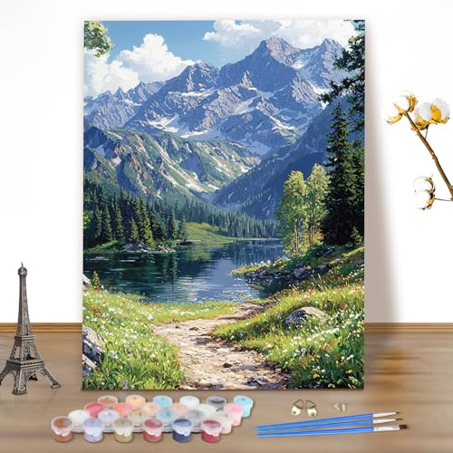 MEIYUDA Pintar por Numeros Adultos Montaña Paisaje, DIY Cuadro al óleo con Números para, Kit de Pintura al óleo Digital de Lienzo, Decoración para el Hogar 40x50cm(sin marco)