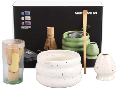 4PCS Ceramic Matcha Powder Bowl Set Elegant Japanese Matcha Kit with Ceramic Bowl Bamboo Whisk Scoop and Tea Scoop Stand for Tea Lovers Beginners (White)