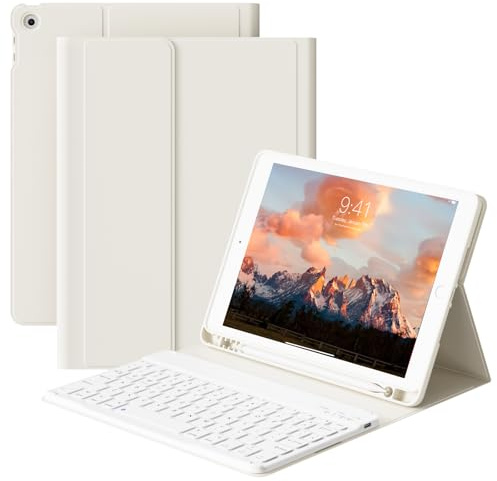ZOPSGYU for iPad 9th/8th/7th Gen Case Keyboard 10.2”, Ergonomic,Cream White | Eco-friendly Leather+Silicone Cover, Magnetic Bluetooth Keyboard. Anti-Drop Protection, Adjustable Angles & Pencil Holder