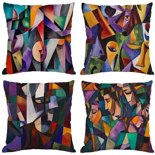 Outdoor Kissen Abstrakt Kissenbezug 65x65 cm 4er Set Deko Kissen Bunt Sofakissen Wetterfest Samt Kissenbezug mit Unsichtbarem Reißverschluss Kissenhüllen für Garten Terrasse Sofa Balkonkissen m-101