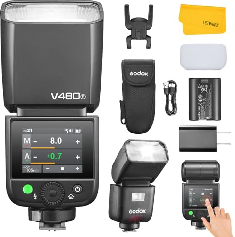 Godox V480F V480-F Flash pour Appareils Photo Fuji, 2.4G TTL Fujifilm Speedlite HSS 1/8000s, Ecran Tactile Couleur 2.0, 650 Eclairs à Pleine Puissance, Lampe Pilote à 10 Niveaux
