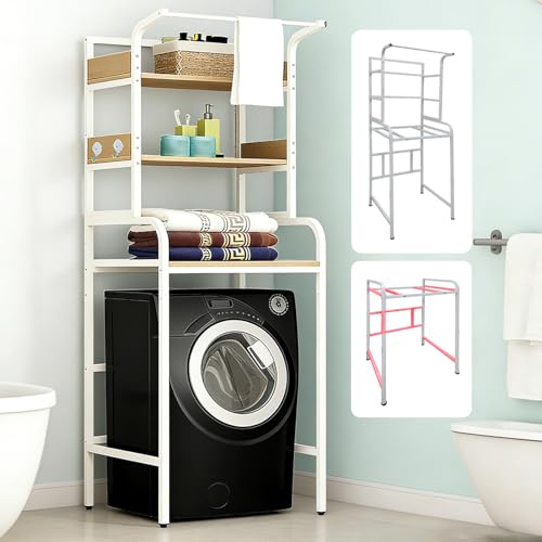Regal üBer Waschmaschine, Stabiles Waschmaschinenregal aus Metal, Platzsparend Waschmaschinenschrank mit 3 Ablagen, Waschmaschine Trockner Schrank für Badezimmer/ Laundry (3L WHITE WOOD, 70x60x190cm)