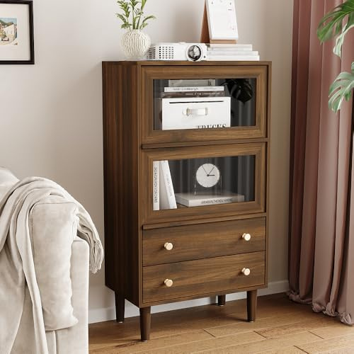 Sideboard mit Glastüren & 2 Schubladen, Küchenbuffet in Holzoptik mit Aufklapptüren & Metallgriffen, Vitrine aus Spanplatte & gehärtetem Glas, Anrichte für Esszimmer & Wohnzimmer, 60x35x110 cm