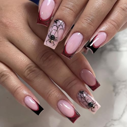 Viugex 24 Stück Halloween Press on Nails Mittel Eckig, Rot French Kunstnägel Fake Nails Nude Fingernägel zum Aufkleben mit Spinnennetz Design, Natürlich Künstliche Nägel Zum Aufkleben für Frauen