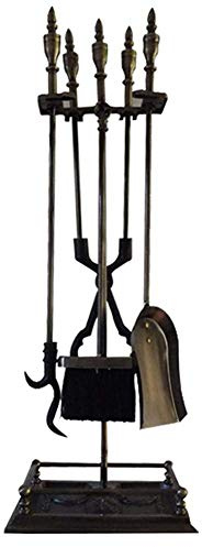 Juego de 5 Herramientas para Chimenea con Mango Dorado, Juego Grande de Herramientas para leña de Hierro Forjado para Uso en Interiores y Exteriores, Incluye Cepillo, Pala, atizador, Pinzas