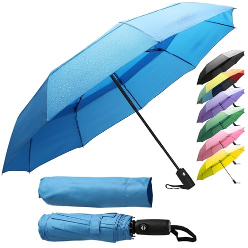 ZENO Paraguas Plegable Compacto – Mini Paraguas Automático Mujer & Hombre, Antiviento Resistente con 9 Varillas de Fibra de Vidrio, Tejido Teflón Impermeable, Azul
