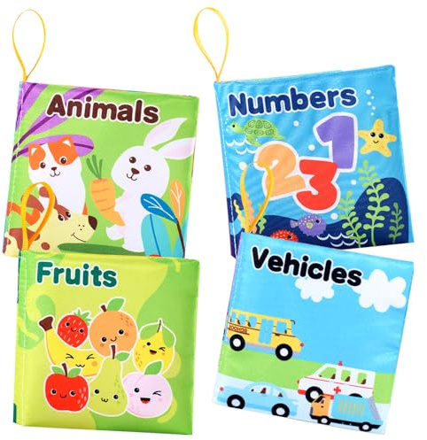 LKNBIF 4 Pack Baby Bath Books Crinkle Soft Cloth Book Toys, Touch and Feel Soft Books for Early Learning, Animal Names, Modes Of Transportation, Numbers, Fruits Baby Cloth Books Early Education Toys