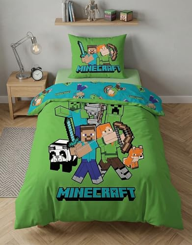 Minecraft Classic Crew Enkelsäng Påslakan 140x200 + Örngott 65x65 Grön