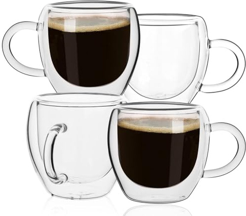 2.5oz Espresso Cups Set of 4, Small Expresso Coffee Cup, Expresso Shot Glass with Handle, Double Wall Insulated Espresso Mugs,Tazas de Cafe Expreso, Fit for Espresso Machine Accessories, Clear