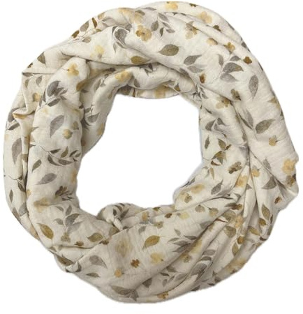 Landhuis handmade – Musselin-Loop beige mit Blattmotiv in Braun- und Grautönen – leichter Schal aus Baumwoll-Musselin, handgefertigt, Made in Germany