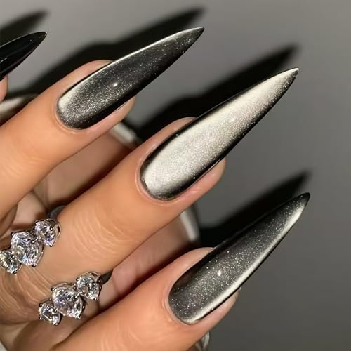 Auroriel 24 Stück Lange Stiletto Press On Nägel Silber Cat Eye Glitzer Design Glänzende Vollflächige Acryl Kunstnägel Wiederverwendbar Für Damen Mädchen Daily Look