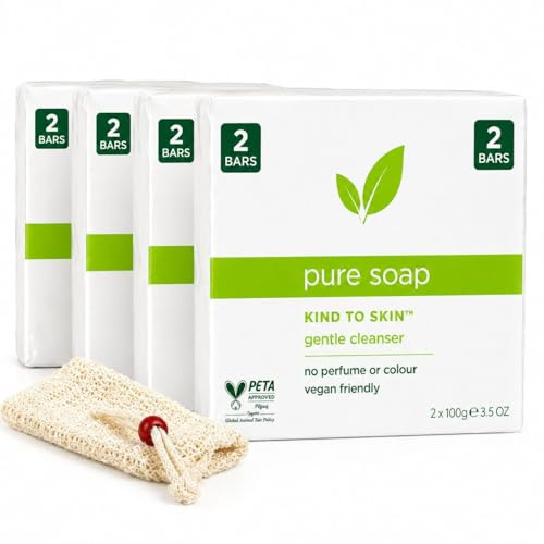 Simple Pure Soap 8 Bars (4 x Twin Packs); Exfoliating Soap bag - Pure & Gentle Soap Bar for sensitive skin, No perfume & Free Hypoallergenic Soap Bar for Face Body Hands, Gentle Cleanser Bundle